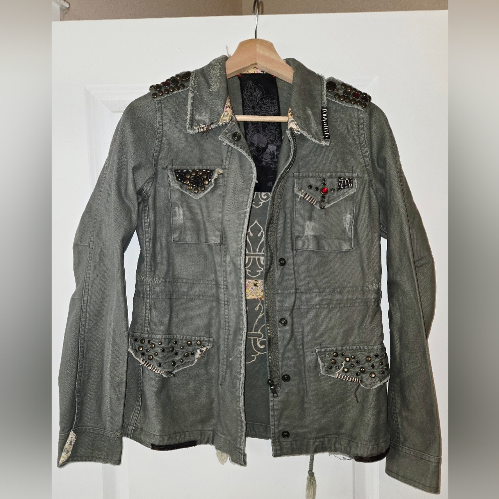 Miss Me Studded Utility Jacket in Green - Fits Like a Small - 20+ Years Old
